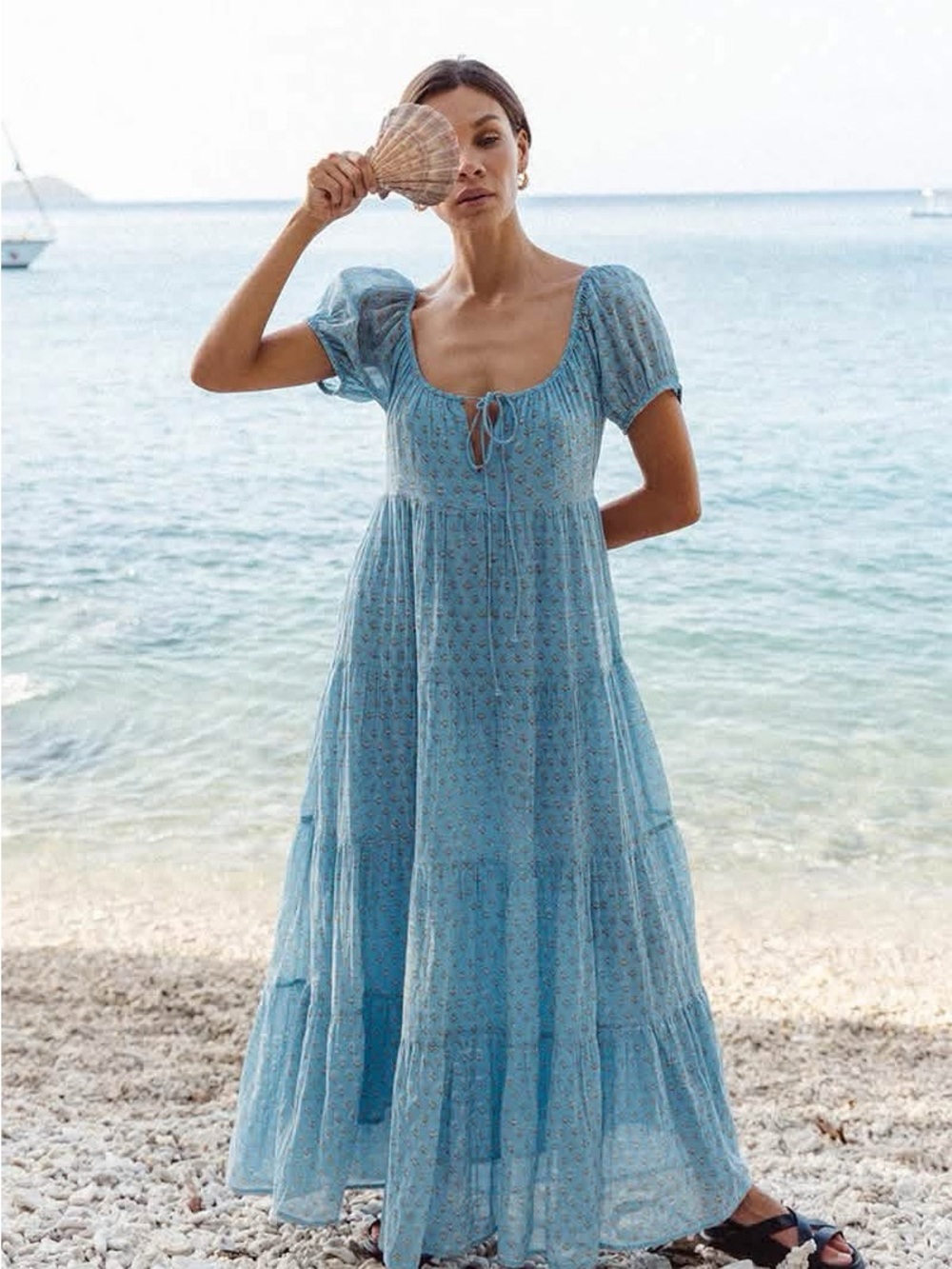 Daughters of India Sky Blue Puff-Sleeve Tiered Maxi Dress